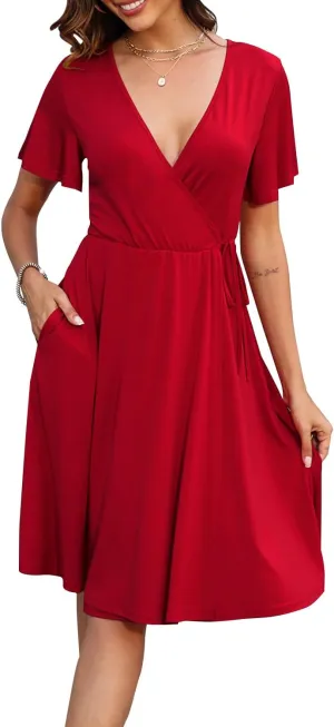 Women's Dress Casual Short Sleeve V-Neck Floral Party Dress with Pockets Split Elastic Waist Tie Mini Dresses