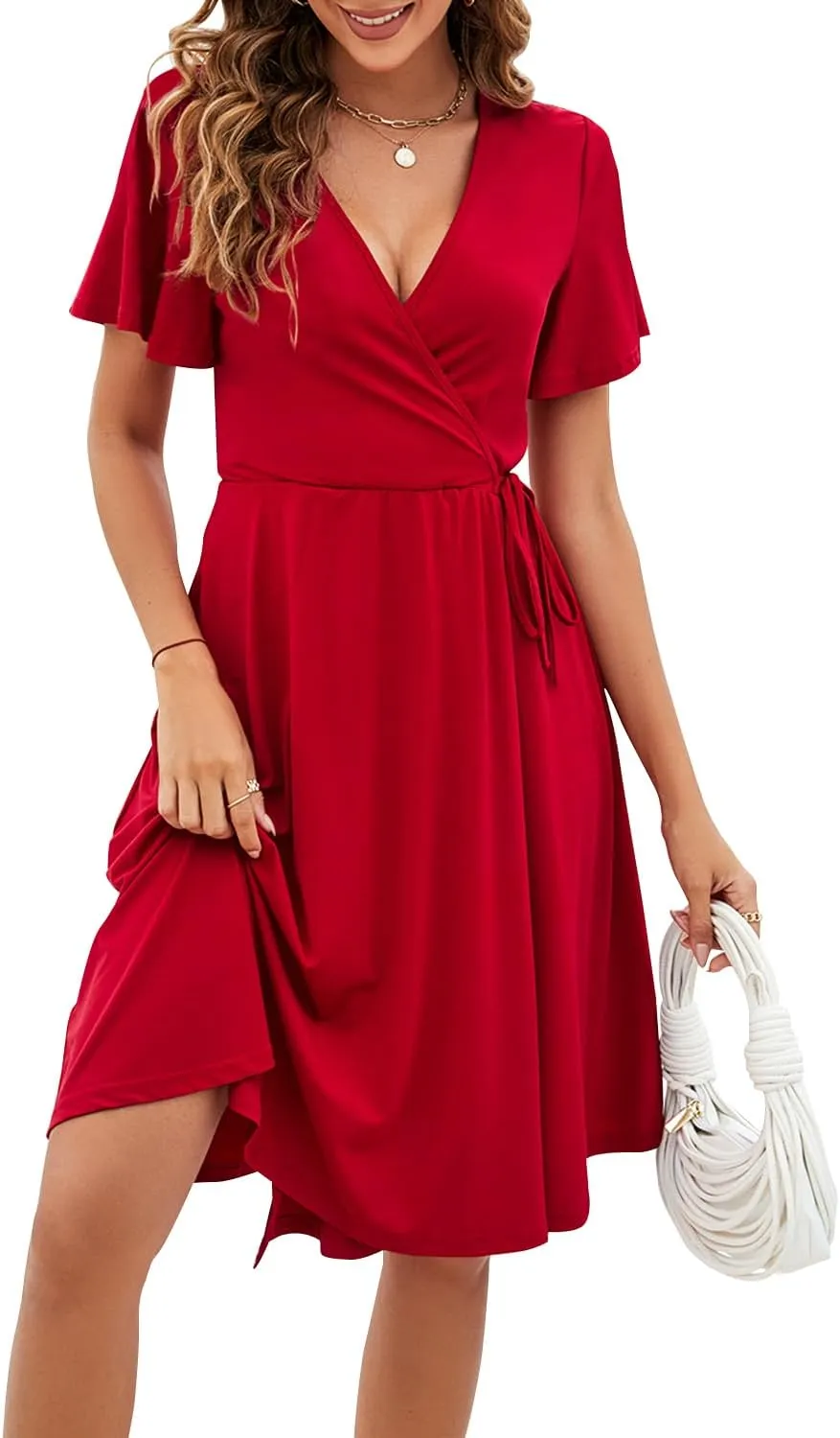 Women's Dress Casual Short Sleeve V-Neck Floral Party Dress with Pockets Split Elastic Waist Tie Mini Dresses