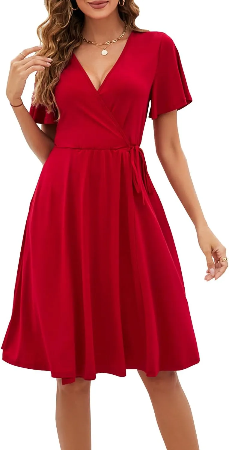 Women's Dress Casual Short Sleeve V-Neck Floral Party Dress with Pockets Split Elastic Waist Tie Mini Dresses