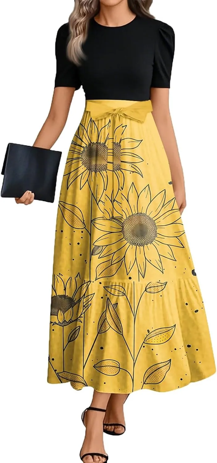 Womens Dress Summer Maxi Dresses Ruffle Hem Short Sleeve Dress Floral Vacation Wedding Guest Dresses with Belt