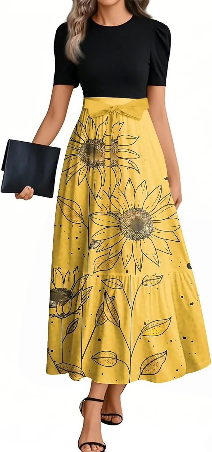 Womens Dress Summer Maxi Dresses Ruffle Hem Short Sleeve Dress Floral Vacation Wedding Guest Dresses with Belt
