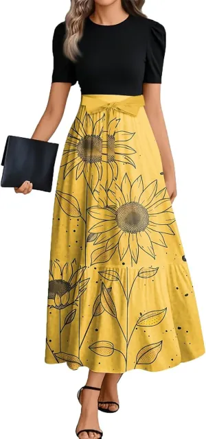 Womens Dress Summer Maxi Dresses Ruffle Hem Short Sleeve Dress Floral Vacation Wedding Guest Dresses with Belt