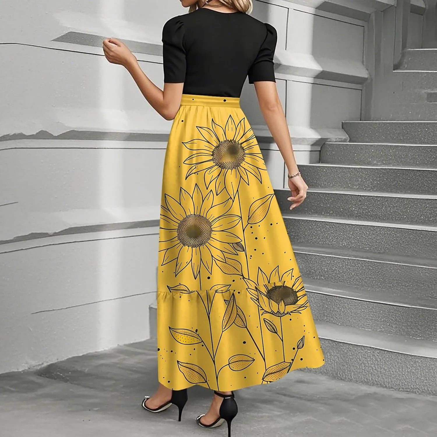Womens Dress Summer Maxi Dresses Ruffle Hem Short Sleeve Dress Floral Vacation Wedding Guest Dresses with Belt