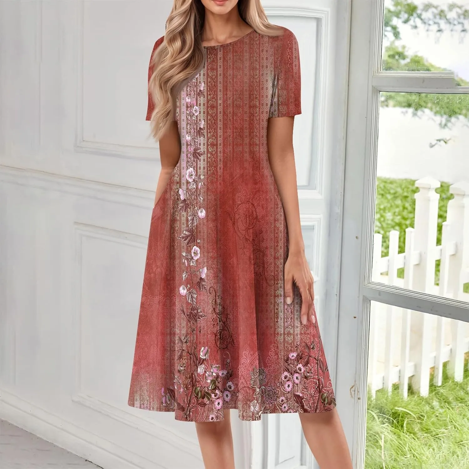 Womens Dresses Short Sleeve Summer Wrap Dress Empire Waist Floral Dress Fashion Smocked Midi Dresses with Pockets