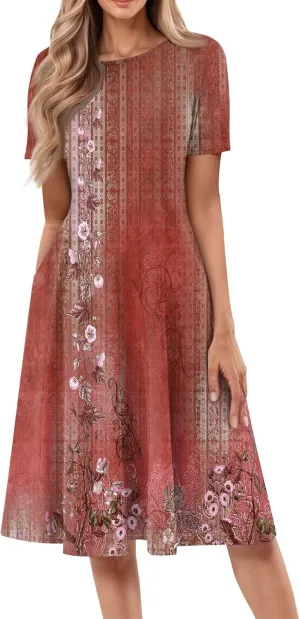 Womens Dresses Short Sleeve Summer Wrap Dress Empire Waist Floral Dress Fashion Smocked Midi Dresses with Pockets