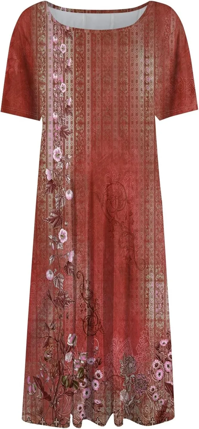 Womens Dresses Short Sleeve Summer Wrap Dress Empire Waist Floral Dress Fashion Smocked Midi Dresses with Pockets