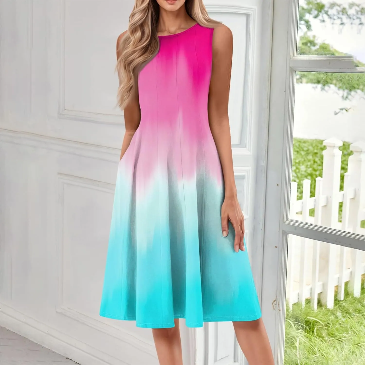 Womens Dresses Summer 2025 Empire Waist Sundresses Tank Dress Sleeveless Floral Dress Ruffle Dresses with Pockets