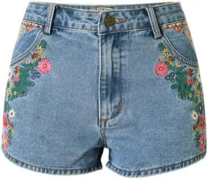 Womens Embroidered Floral Denim Shorts Slim High Rise Plus Size Raw Edge Hem Stretch Jean Shorts