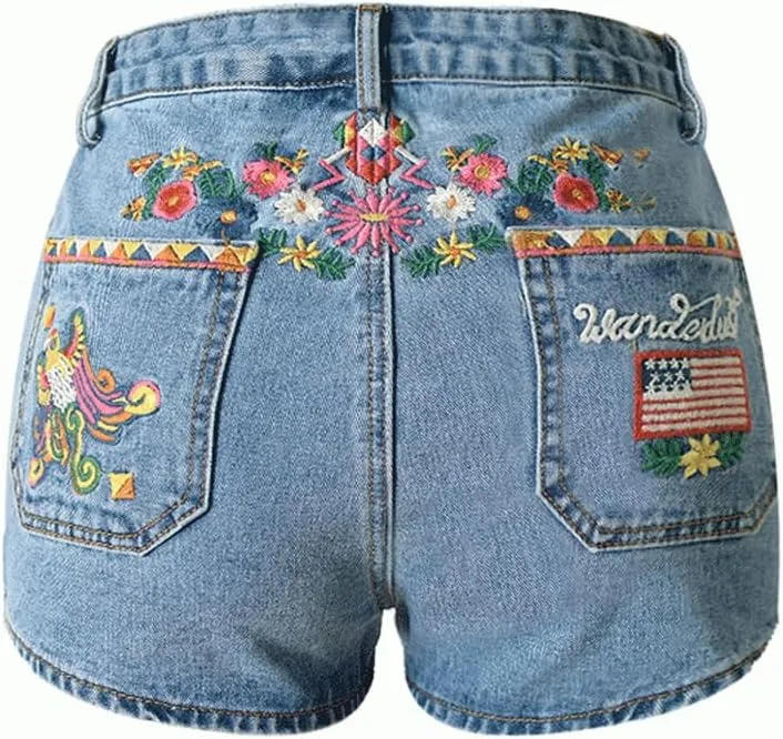 Womens Embroidered Floral Denim Shorts Slim High Rise Plus Size Raw Edge Hem Stretch Jean Shorts