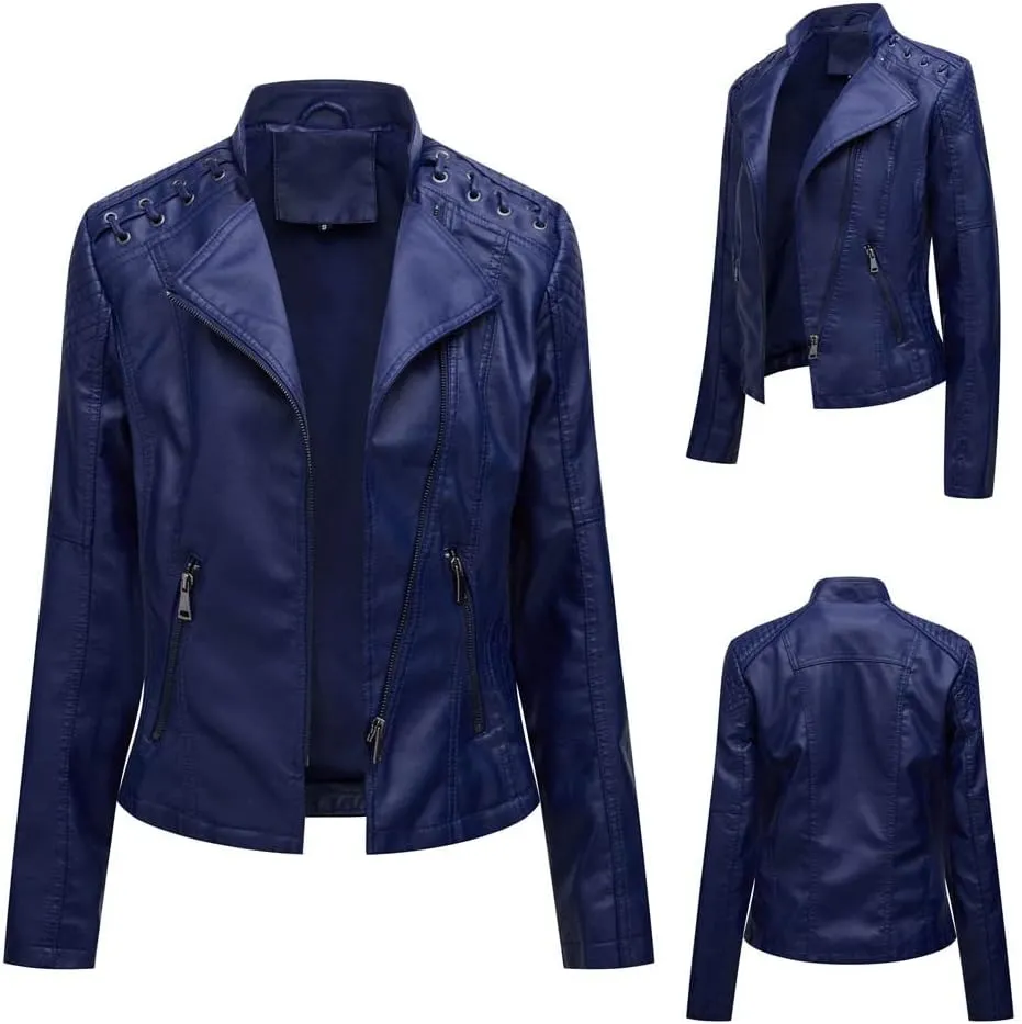 Women's Faux Leather Jacket Ladies Open Front Lapel Coat Slim Fit Coats PU Biker Jackets Zip Up Motorcycle Outwear