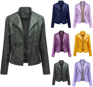 Women's Faux Leather Jacket Ladies Open Front Lapel Coat Slim Fit Coats PU Biker Jackets Zip Up Motorcycle Outwear