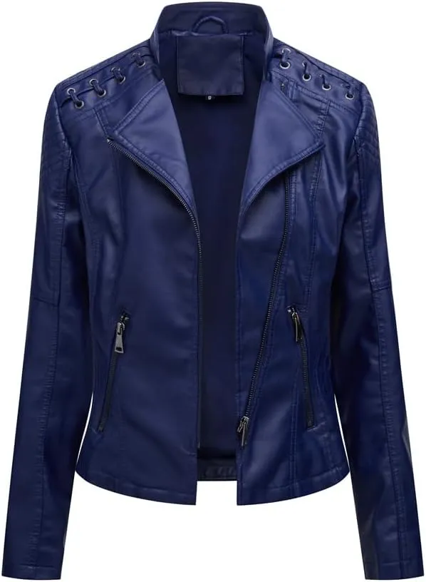 Women's Faux Leather Jacket Ladies Open Front Lapel Coat Slim Fit Coats PU Biker Jackets Zip Up Motorcycle Outwear