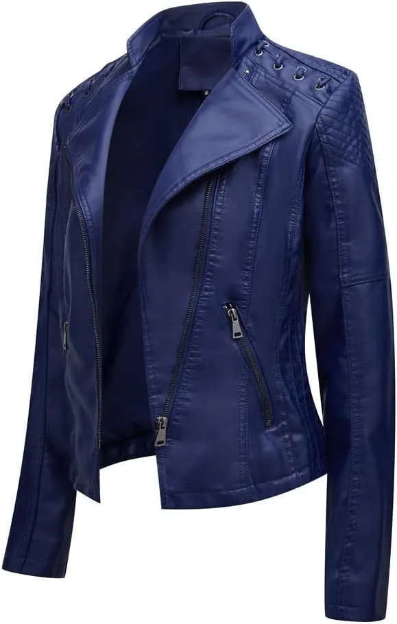 Women's Faux Leather Jacket Ladies Open Front Lapel Coat Slim Fit Coats PU Biker Jackets Zip Up Motorcycle Outwear