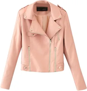 Women's Faux Leather Jackets Moto Biker Short Coat Jacket Notch Lapel Cropped Motorcycle Jackets Open Front Cardigan