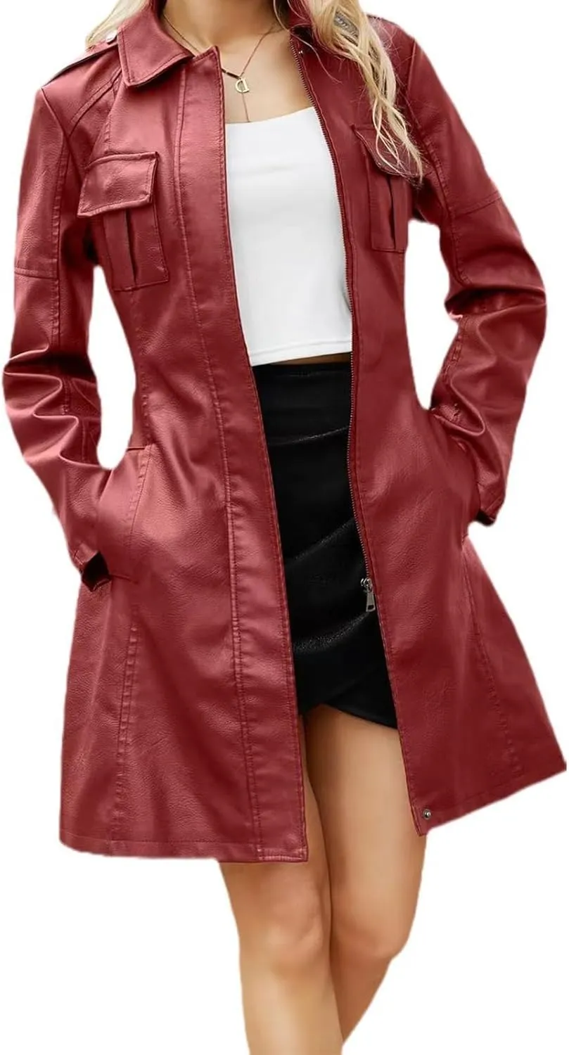 Women's Faux Leather Jackets, Zip up Moto Biker Coat, Short PU Motorcycle Outwear