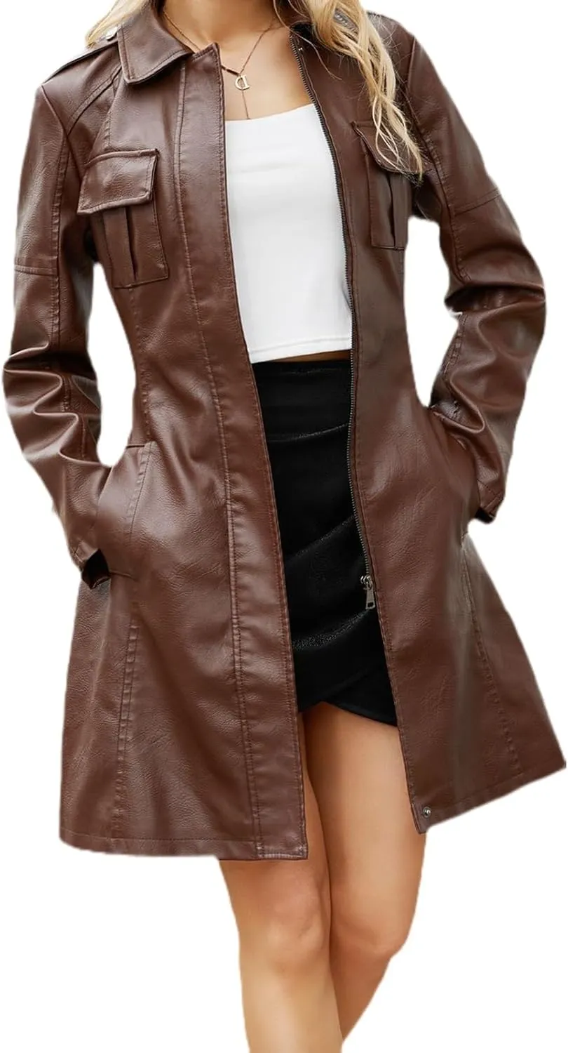 Women's Faux Leather Jackets, Zip up Moto Biker Coat, Short PU Motorcycle Outwear