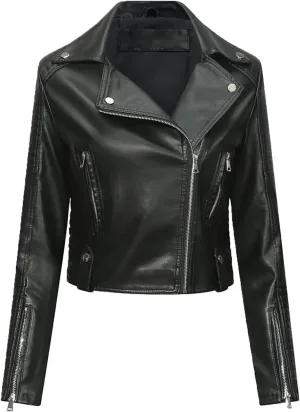 Women's Faux Leather Moto Jacket Belted Cropped Motorcycle Open Front Cardigan PU Biker Y2K Streetwear Outwear Coat