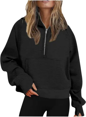Womens Fleece Lined Oversized Sweatshirts Half Zip Cropped Hoodies Pullover Long Sleeve Crop Tops Sweater with Pocket