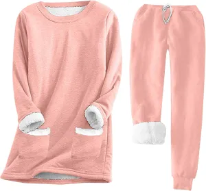 Women's Fleece Lounge Set Long Sleeve Sherpa Lined Pullover Tops and Plush Pants 2 Piece Outfits Warm Pajamas Sets