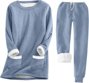 Women's Fleece Lounge Set Long Sleeve Sherpa Lined Pullover Tops and Plush Pants 2 Piece Outfits Warm Pajamas Sets
