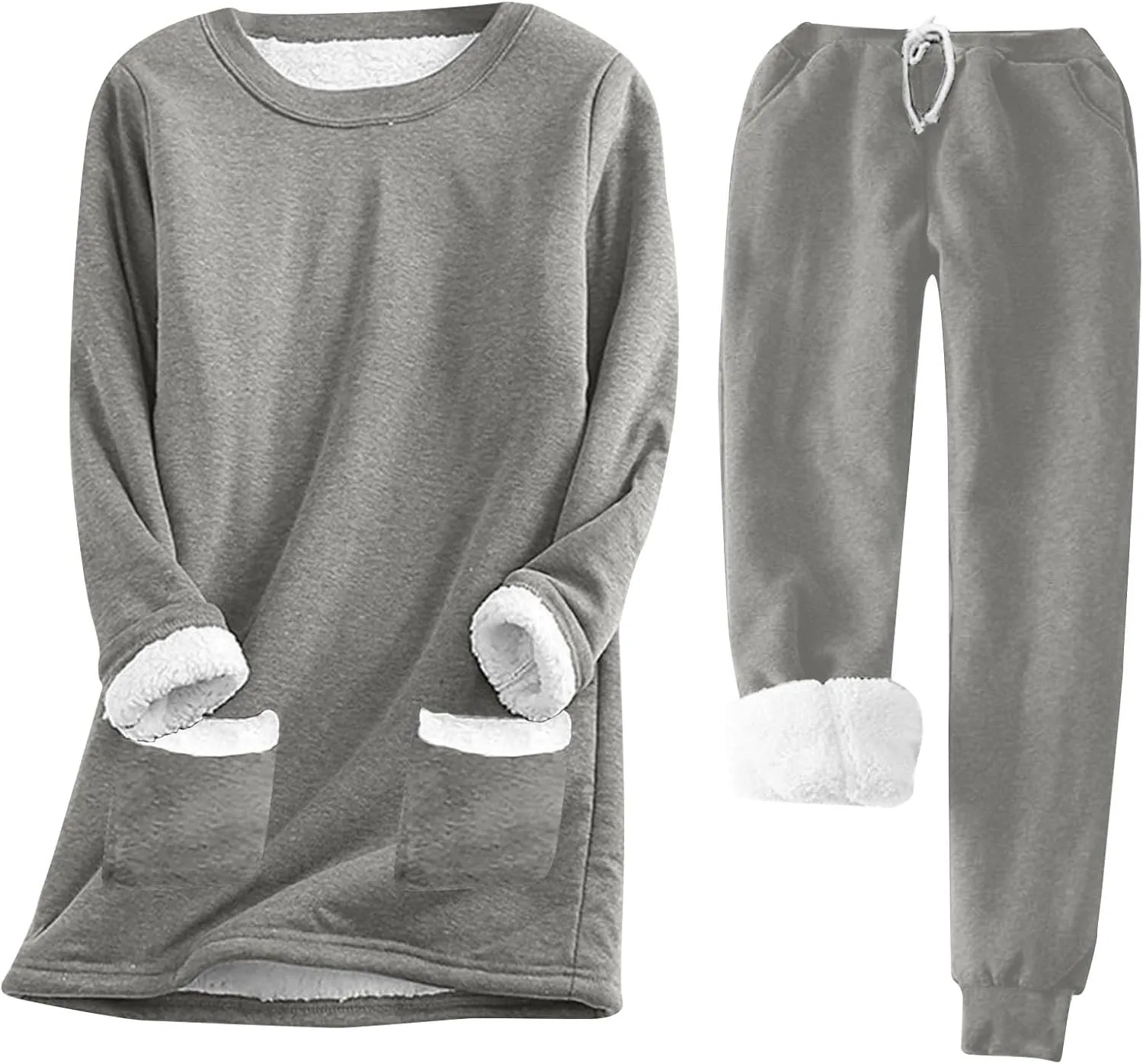 Women's Fleece Lounge Set Long Sleeve Sherpa Lined Pullover Tops and Plush Pants 2 Piece Outfits Warm Pajamas Sets