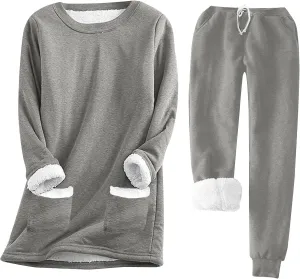 Women's Fleece Lounge Set Long Sleeve Sherpa Lined Pullover Tops and Plush Pants 2 Piece Outfits Warm Pajamas Sets