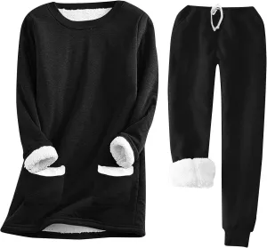 Women's Fleece Lounge Set Long Sleeve Sherpa Lined Pullover Tops and Plush Pants 2 Piece Outfits Warm Pajamas Sets