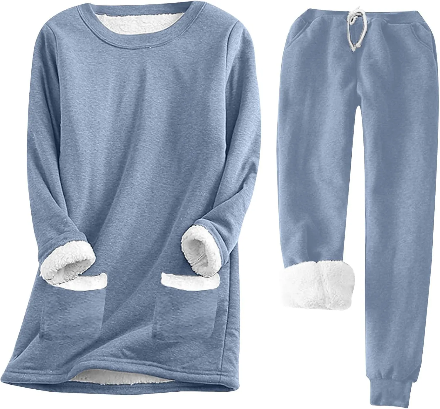 Women's Fleece Lounge Set Long Sleeve Sherpa Lined Pullover Tops and Plush Pants 2 Piece Outfits Warm Pajamas Sets