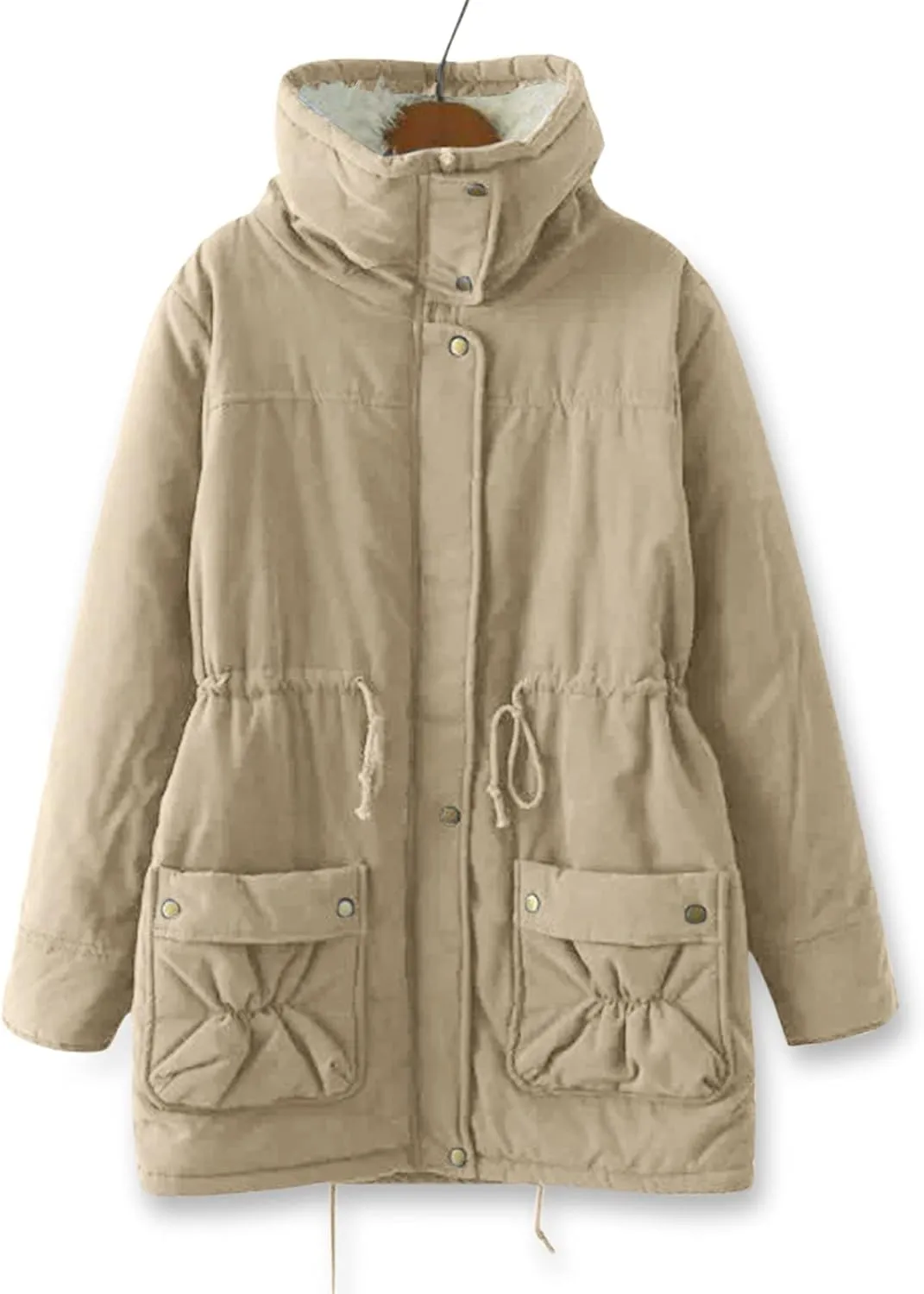 Womens Fleece Padded Coat Winter Warm Slim Fit Down Jacket Plus Size Lapel Drawstring Waist Sherpa Jacket with Pockets