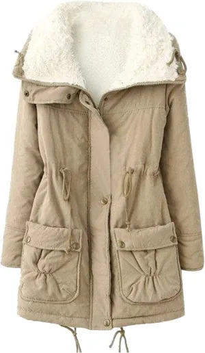 Womens Fleece Padded Coat Winter Warm Slim Fit Down Jacket Plus Size Lapel Drawstring Waist Sherpa Jacket with Pockets