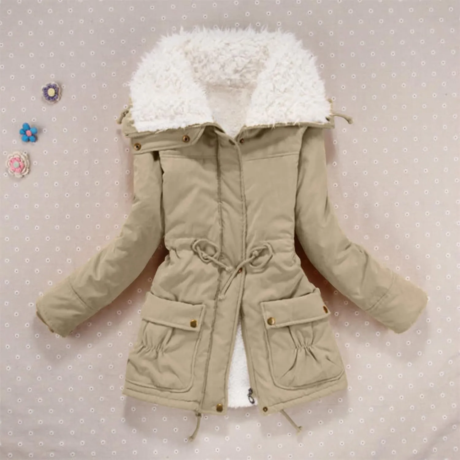 Womens Fleece Padded Coat Winter Warm Slim Fit Down Jacket Plus Size Lapel Drawstring Waist Sherpa Jacket with Pockets