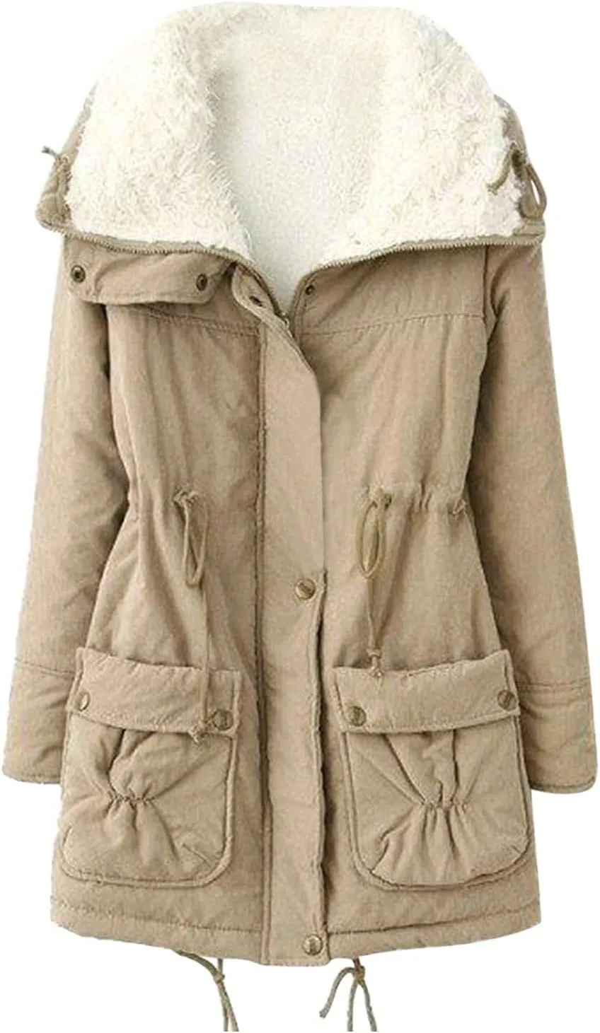Womens Fleece Padded Coat Winter Warm Slim Fit Down Jacket Plus Size Lapel Drawstring Waist Sherpa Jacket with Pockets