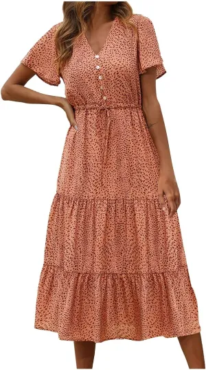 Women's Floral Boho Dress Casual Short Sleeve V Neck Ruffle Tiered Summer Swing Maxi Wedding Guest Dress Slip Dress