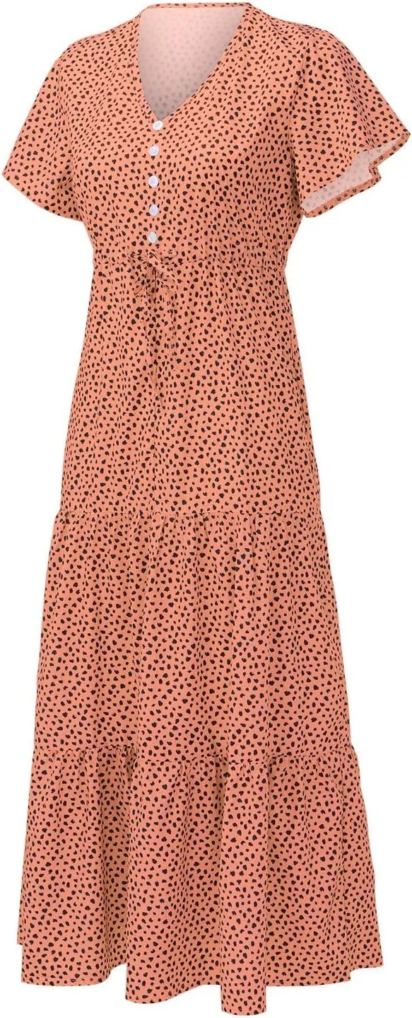 Women's Floral Boho Dress Casual Short Sleeve V Neck Ruffle Tiered Summer Swing Maxi Wedding Guest Dress Slip Dress