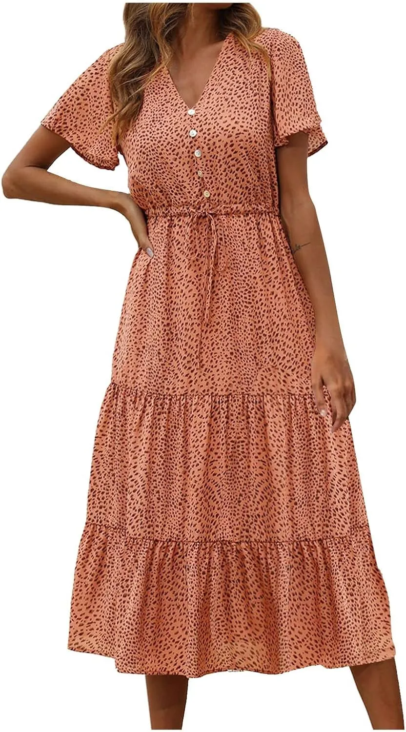 Women's Floral Boho Dress Casual Short Sleeve V Neck Ruffle Tiered Summer Swing Maxi Wedding Guest Dress Slip Dress