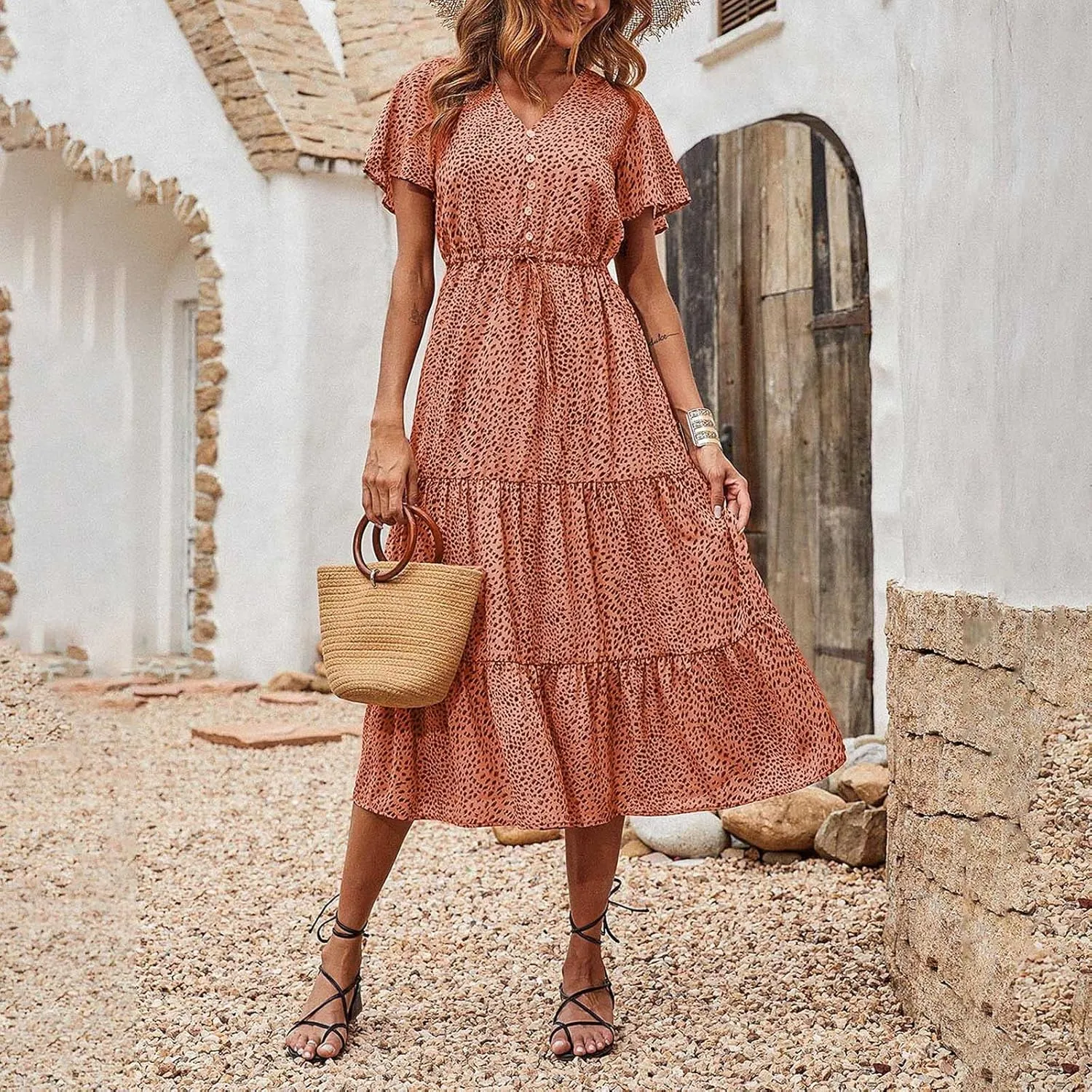 Women's Floral Boho Dress Casual Short Sleeve V Neck Ruffle Tiered Summer Swing Maxi Wedding Guest Dress Slip Dress