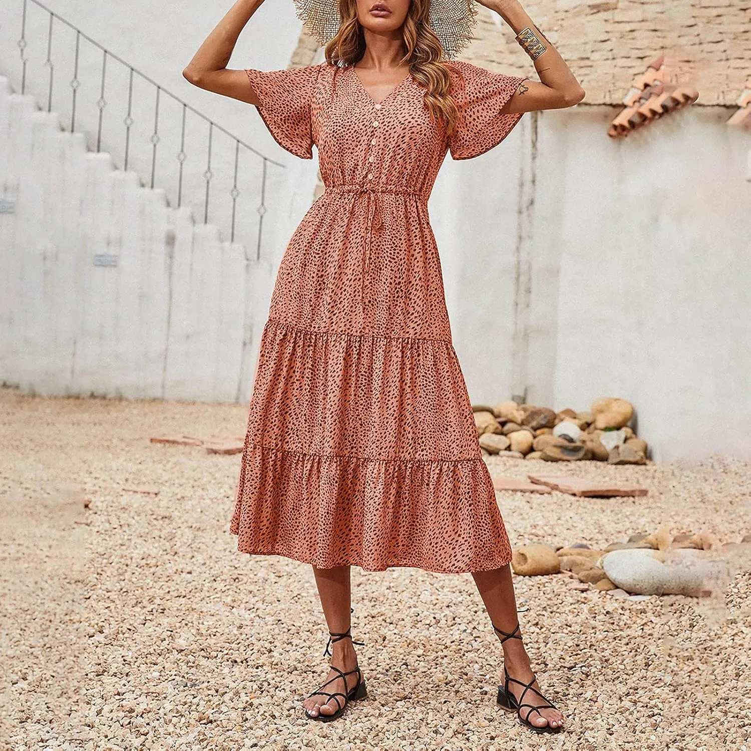 Women's Floral Boho Dress Casual Short Sleeve V Neck Ruffle Tiered Summer Swing Maxi Wedding Guest Dress Slip Dress