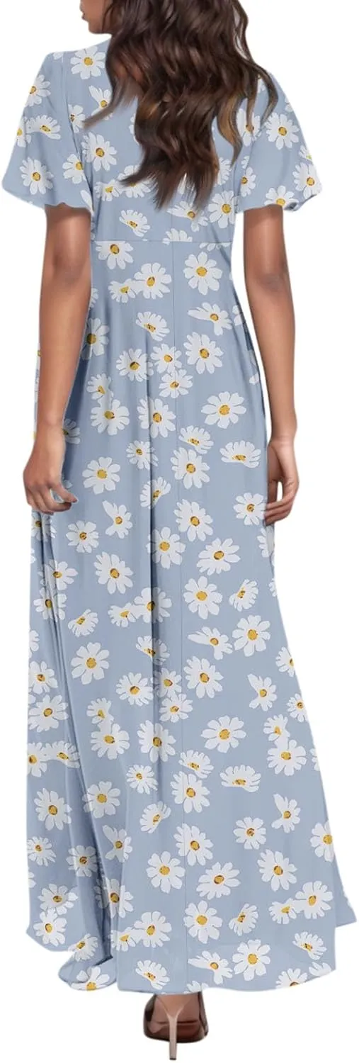 Womens Floral Maxi Dresses Casual Summer Ruffle Sleeve V Neck Dress Trendy Flowy Wrap Long Dress Chiffon Beach Dresses