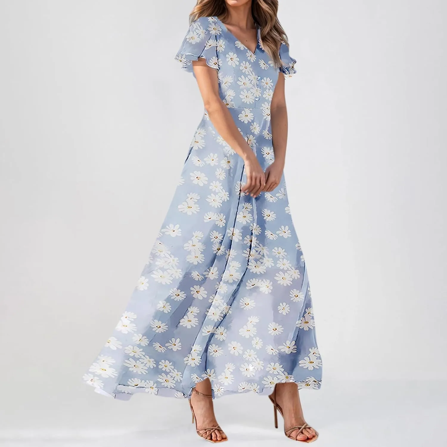 Womens Floral Maxi Dresses Casual Summer Ruffle Sleeve V Neck Dress Trendy Flowy Wrap Long Dress Chiffon Beach Dresses