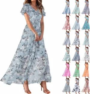 Womens Floral Maxi Dresses Casual Summer Ruffle Sleeve V Neck Dress Trendy Flowy Wrap Long Dress Chiffon Beach Dresses