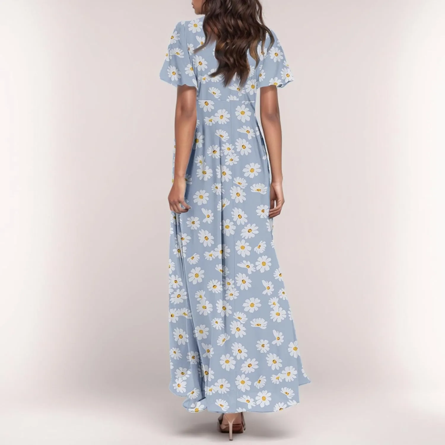 Womens Floral Maxi Dresses Casual Summer Ruffle Sleeve V Neck Dress Trendy Flowy Wrap Long Dress Chiffon Beach Dresses