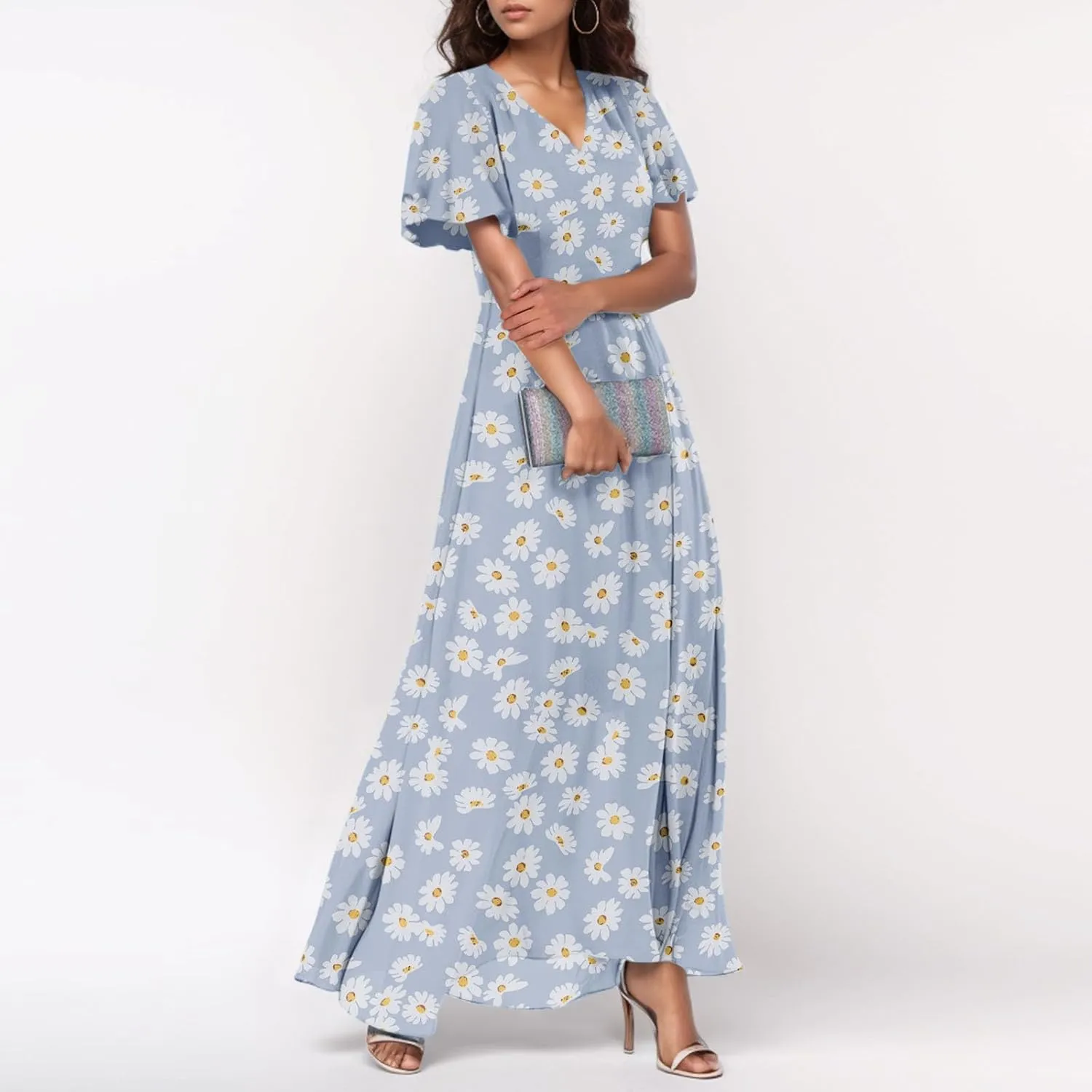 Womens Floral Maxi Dresses Casual Summer Ruffle Sleeve V Neck Dress Trendy Flowy Wrap Long Dress Chiffon Beach Dresses