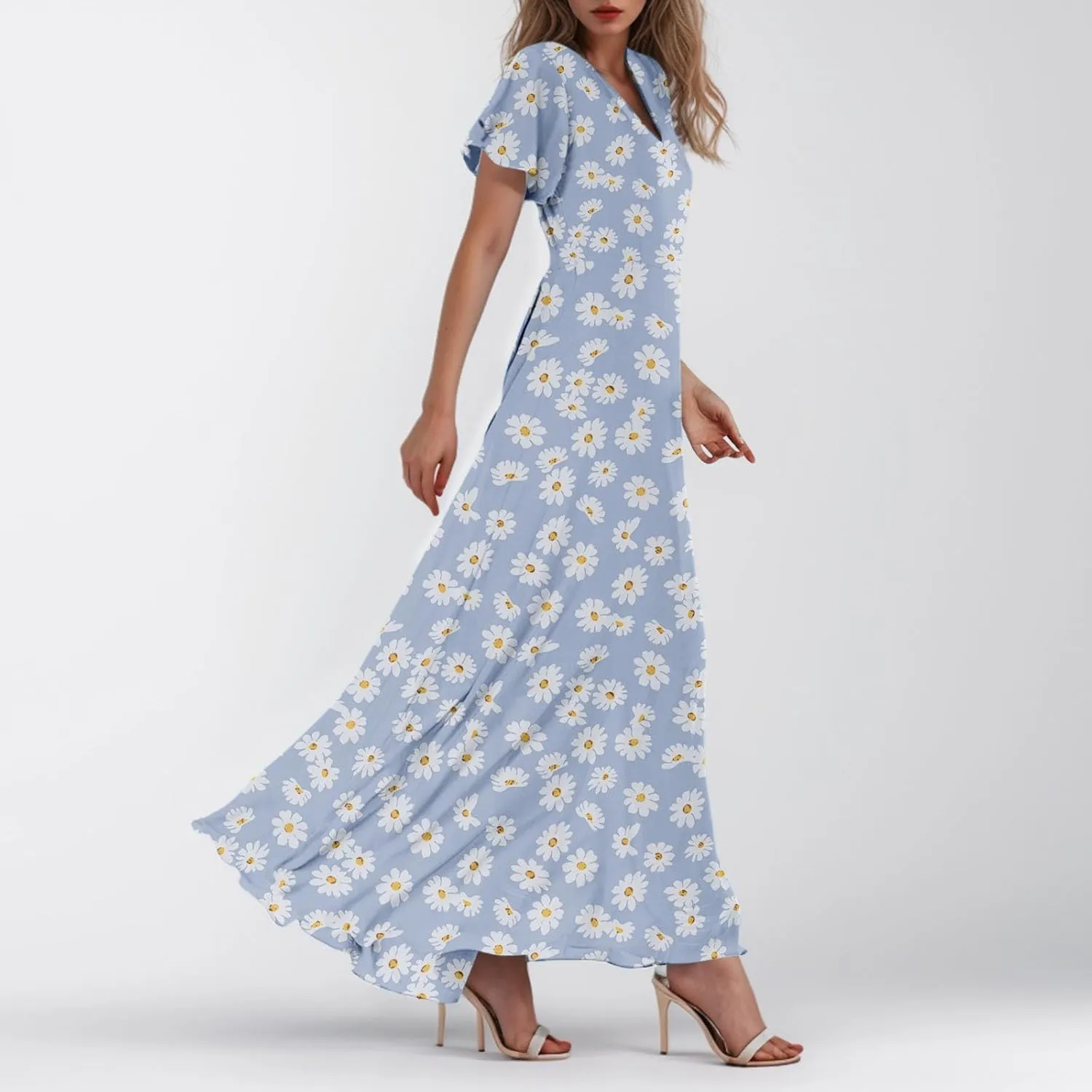 Womens Floral Maxi Dresses Casual Summer Ruffle Sleeve V Neck Dress Trendy Flowy Wrap Long Dress Chiffon Beach Dresses