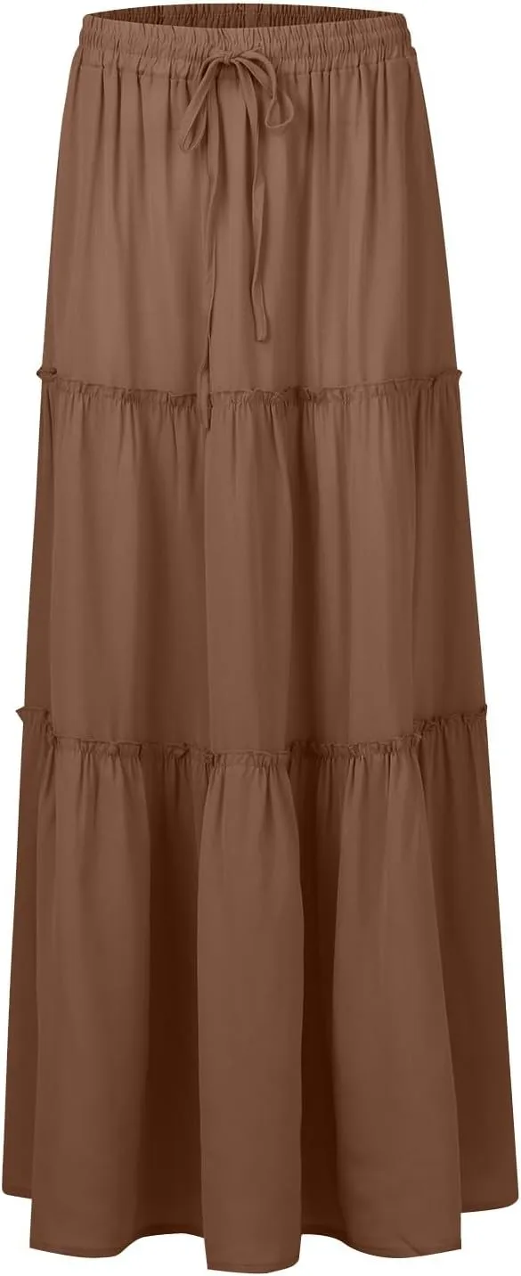 Womens Floral Maxi Skirt Long Flowy Boho Skirts Summer A Line Ruffle Pleated Skirt with High Waisted Drawstring 2025