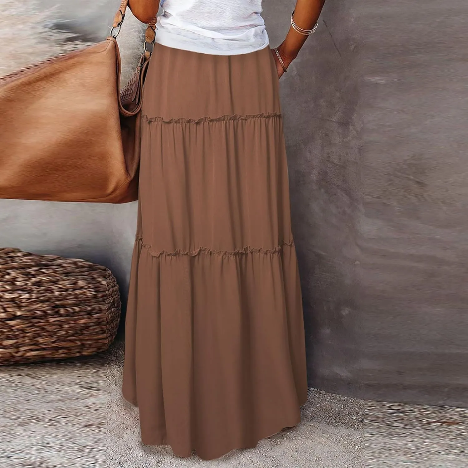 Womens Floral Maxi Skirt Long Flowy Boho Skirts Summer A Line Ruffle Pleated Skirt with High Waisted Drawstring 2025