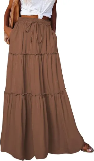 Womens Floral Maxi Skirt Long Flowy Boho Skirts Summer A Line Ruffle Pleated Skirt with High Waisted Drawstring 2025