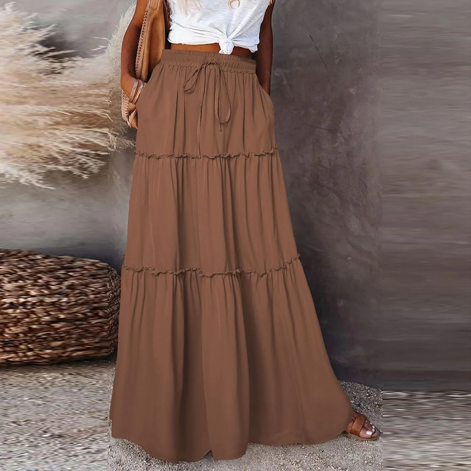 Womens Floral Maxi Skirt Long Flowy Boho Skirts Summer A Line Ruffle Pleated Skirt with High Waisted Drawstring 2025