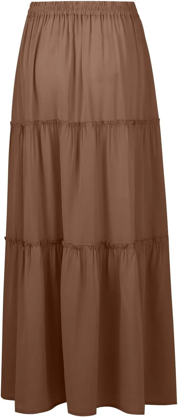 Womens Floral Maxi Skirt Long Flowy Boho Skirts Summer A Line Ruffle Pleated Skirt with High Waisted Drawstring 2025
