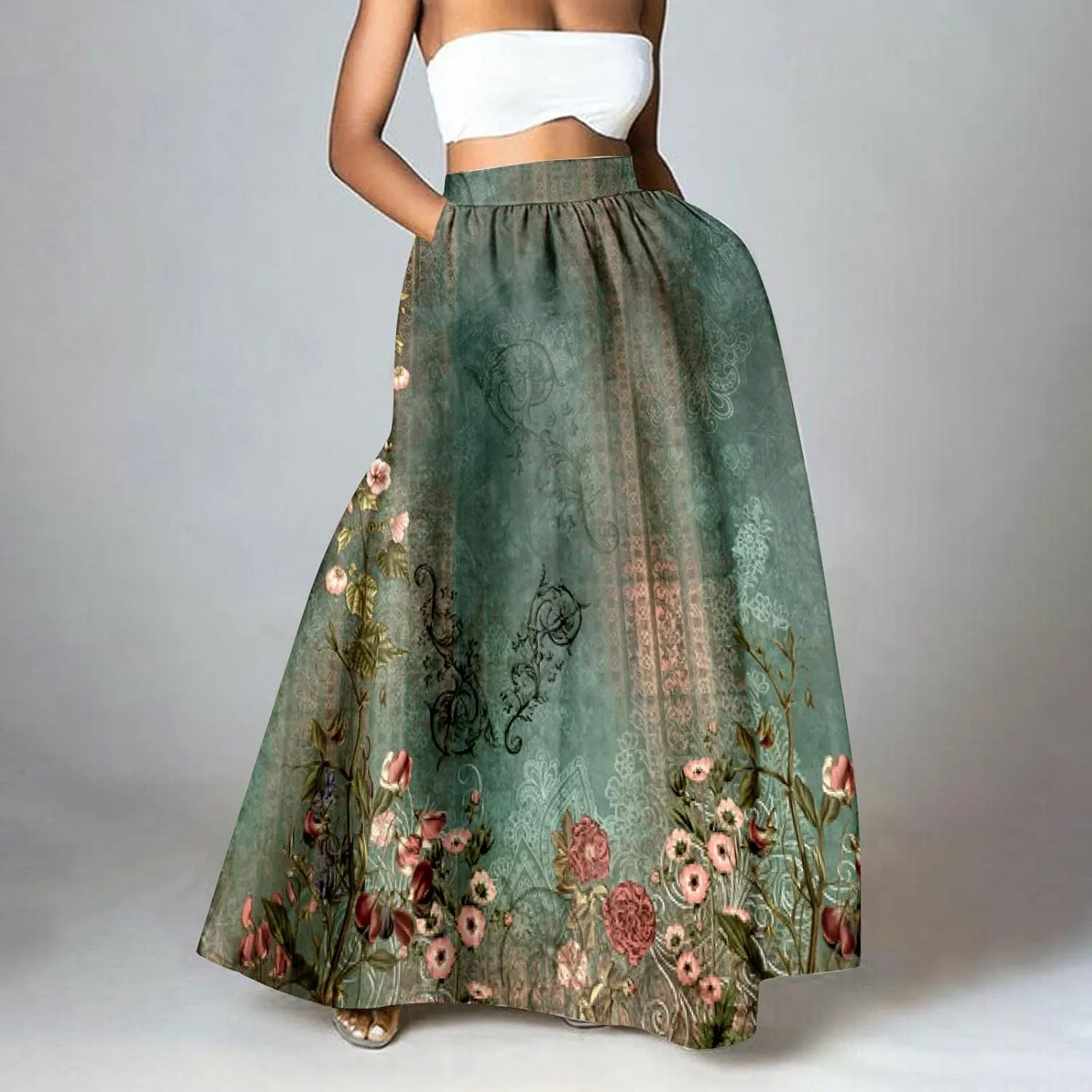 Womens Floral Print Boho Maxi Skirt Elastic High Waisted Tiered Ruffle Flowy Long Summer Beach Skirt with Pockets