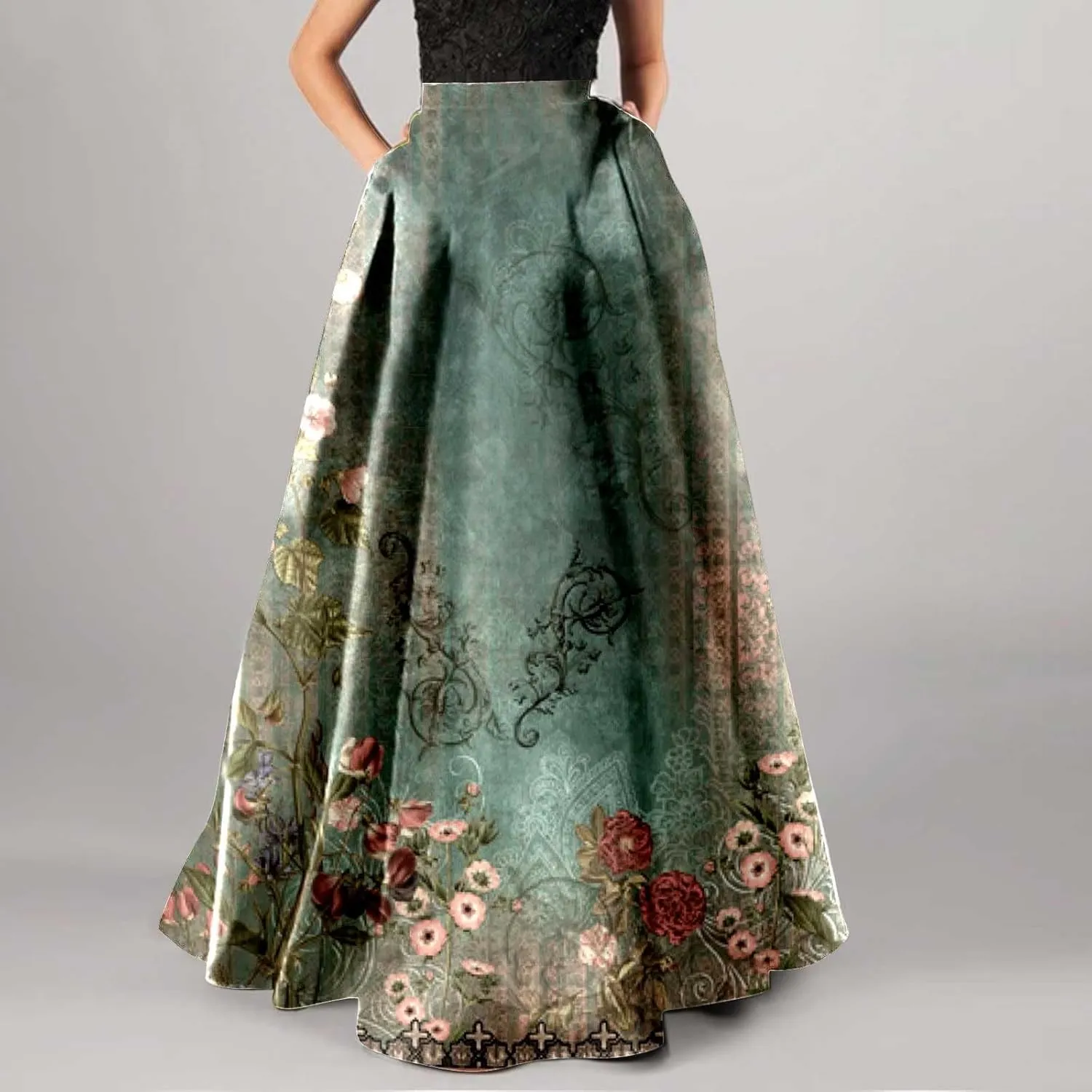 Womens Floral Print Boho Maxi Skirt Elastic High Waisted Tiered Ruffle Flowy Long Summer Beach Skirt with Pockets